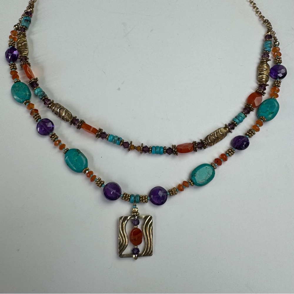 Boho Turquoise Dyed Howlite & Amethyst Style Double Strand Necklace